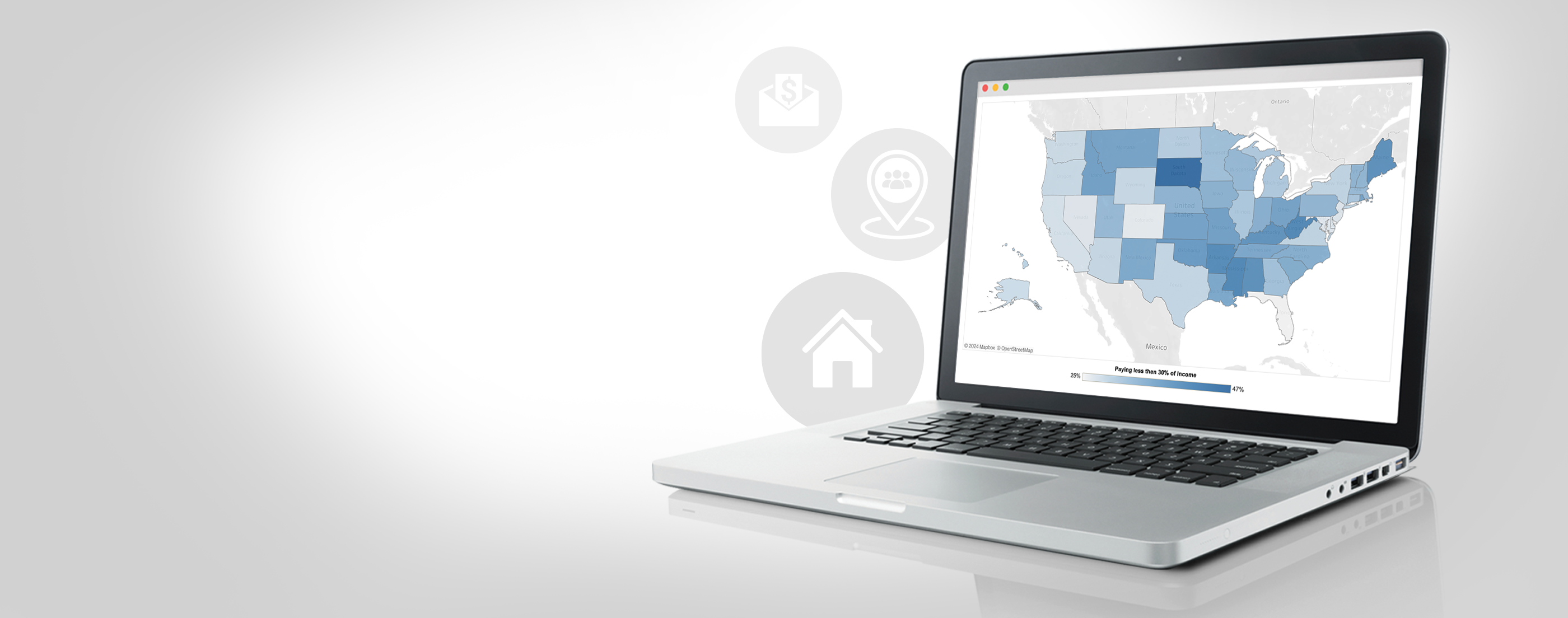 A laptop computer showing a national map on the ALICE Economic Viability Dashboard webpage, with icons for work, community resources, and housing in the background.