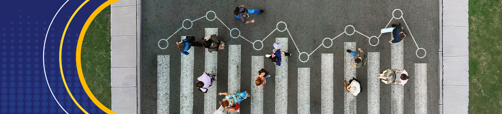 An overhead view of a small crowd crossing a street at a crosswalk, representing ALICE. Data markers connecting the crosswalk lines symbolize the latest State of ALICE research.